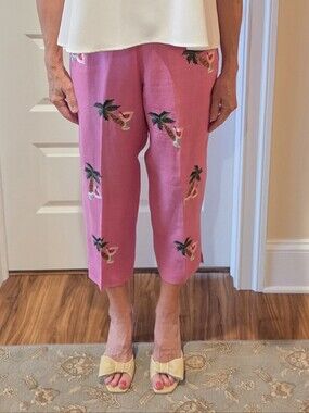 Embroidered Pink Cropped Linen Palm And Cocktail Print Pants